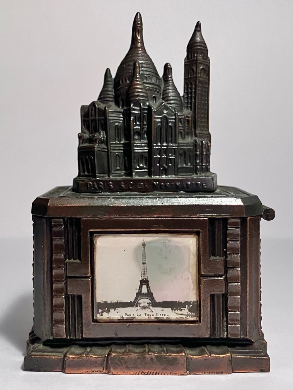 Antique Lead COIN BANK / Sacre-Coeur Church & EIFFEL TOWER / Hinged Lid / RARE